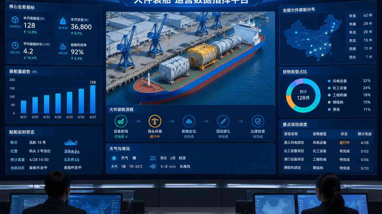 大件装船行业可视化大屏示意图，含三维模型与大屏标题、指标文字，为概念示意，不代表真实软件界面或真实数据