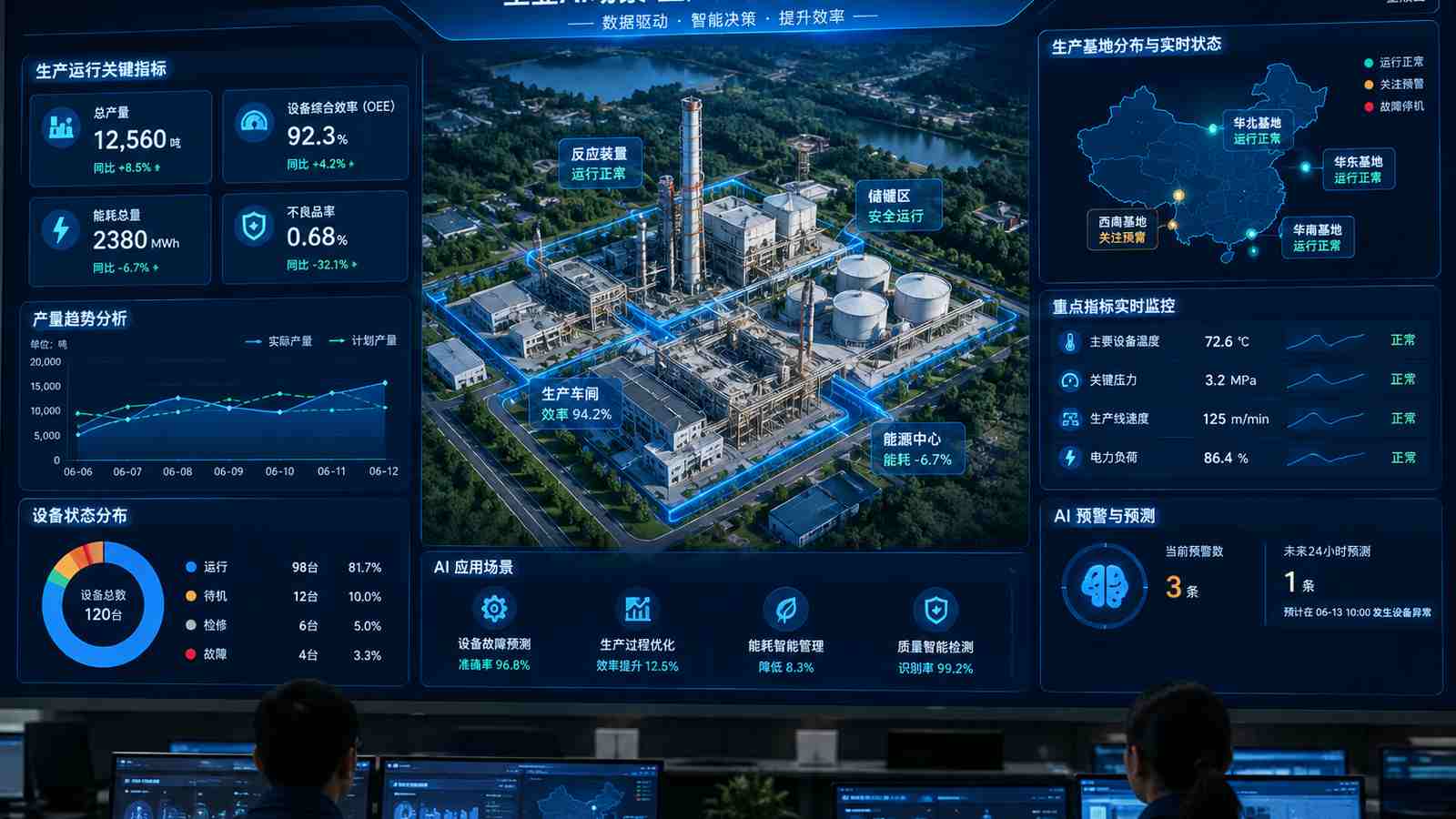 工业AI场景行业可视化大屏示意图，含大屏标题与指标文字，为概念示意，不代表真实软件界面或真实数据