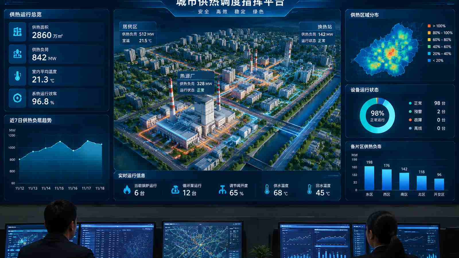 供热调度行业可视化大屏示意图，含三维模型与大屏标题、指标文字，为概念示意，不代表真实软件界面或真实数据