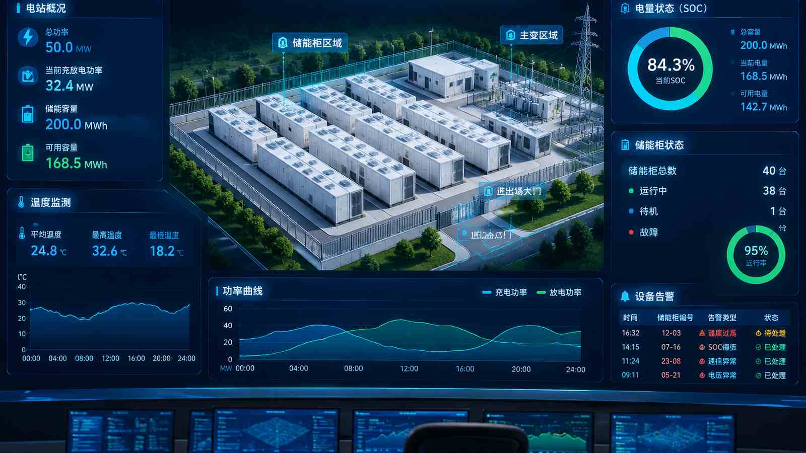 半天实测行业可视化大屏示意图，含三维模型与大屏标题、指标文字，为概念示意，不代表真实软件界面或真实数据
