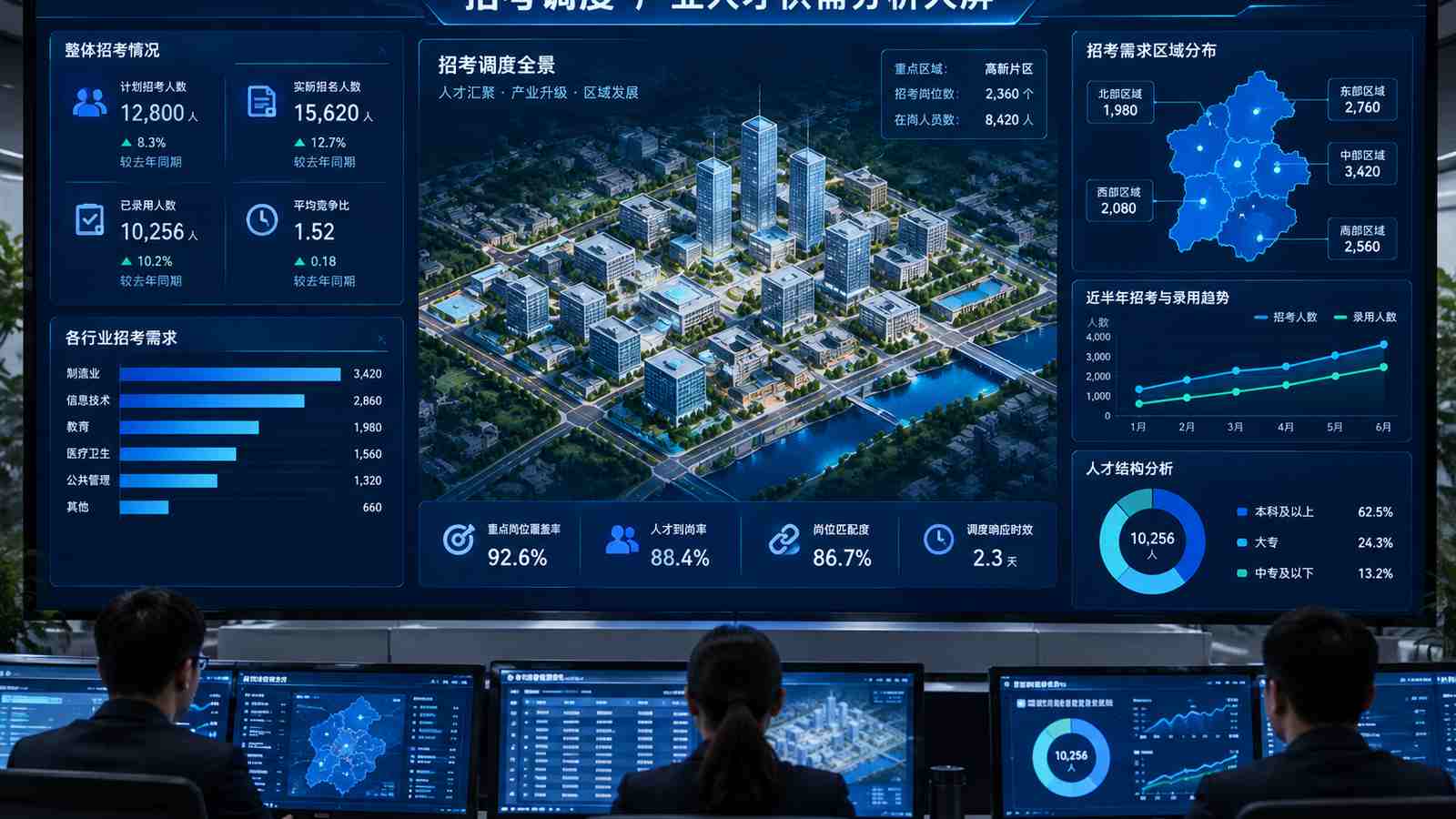 招考调度行业可视化大屏示意图，含大屏标题与指标文字，为概念示意，不代表真实软件界面或真实数据