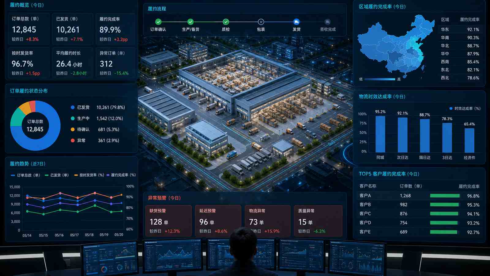 订单履约行业可视化大屏示意图，含三维模型与大屏标题、指标文字，为概念示意，不代表真实软件界面或真实数据
