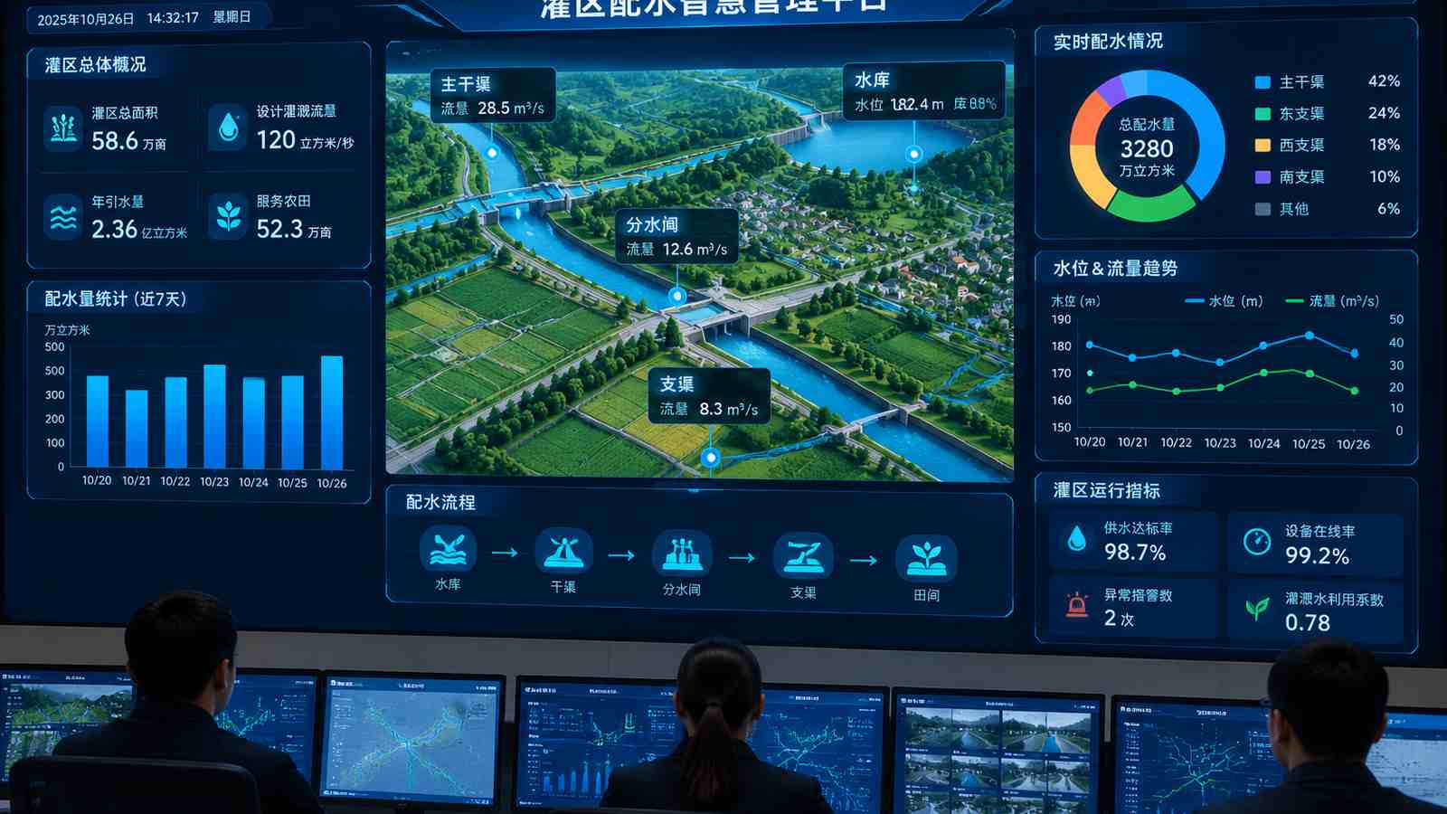灌区配水行业可视化大屏示意图，含三维模型与大屏标题、指标文字，为概念示意，不代表真实软件界面或真实数据