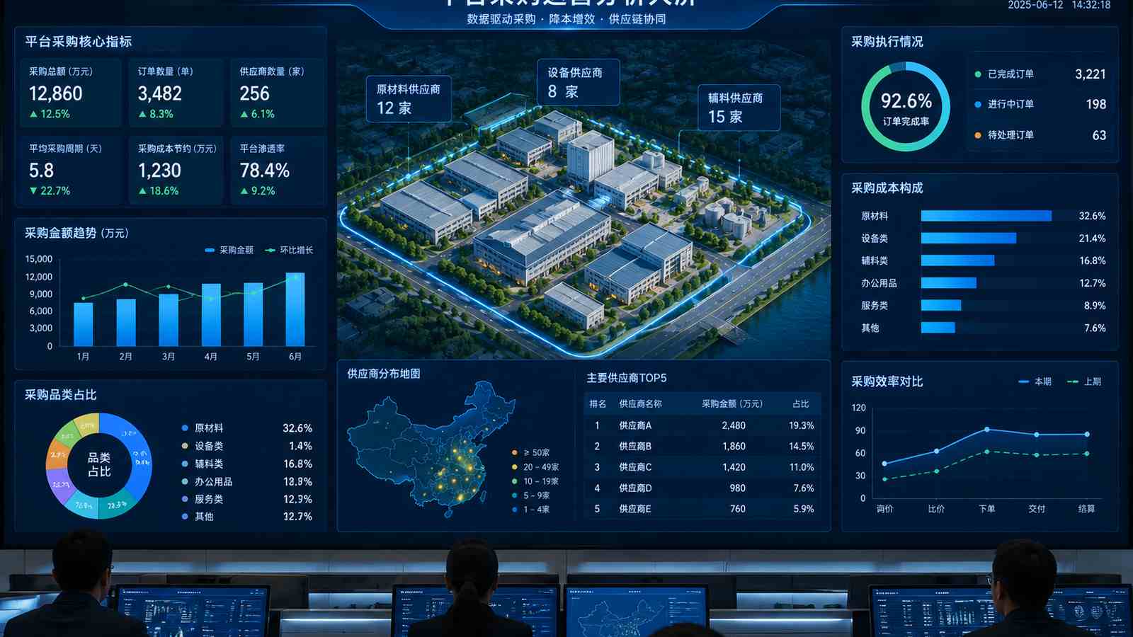 平台采购行业可视化大屏示意图，含三维模型与大屏标题、指标文字，为概念示意，不代表真实软件界面或真实数据