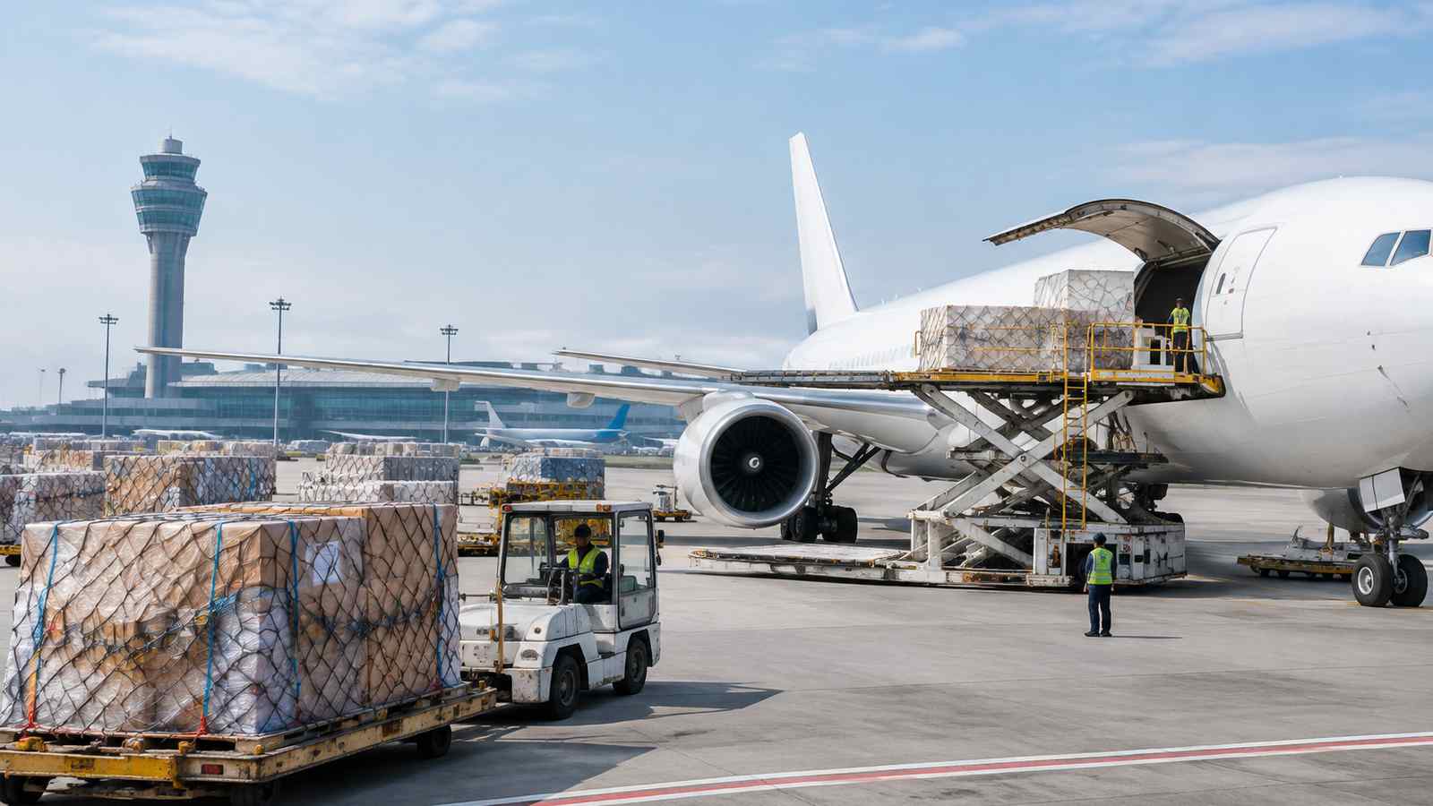 国际航空货运业务现场的横向纪实构图，用于交代数据来源环境