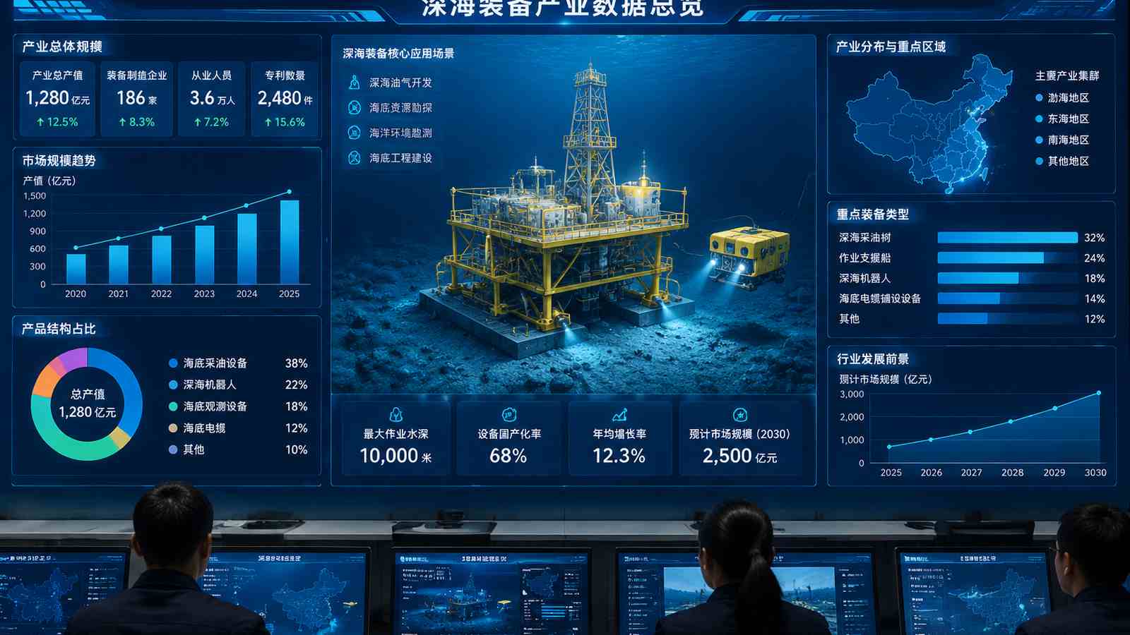 深海装备行业可视化大屏示意图，含三维模型与大屏标题、指标文字，为概念示意，不代表真实软件界面或真实数据