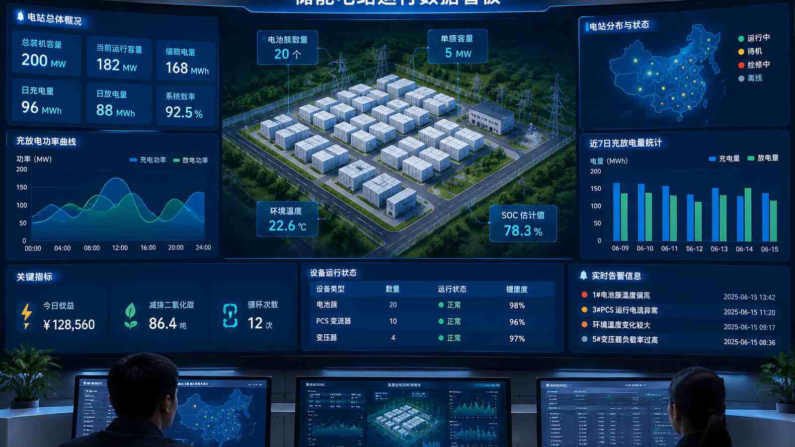 储能电站数据行业可视化大屏示意图，含三维模型与大屏标题、指标文字，为概念示意，不代表真实软件界面或真实数据