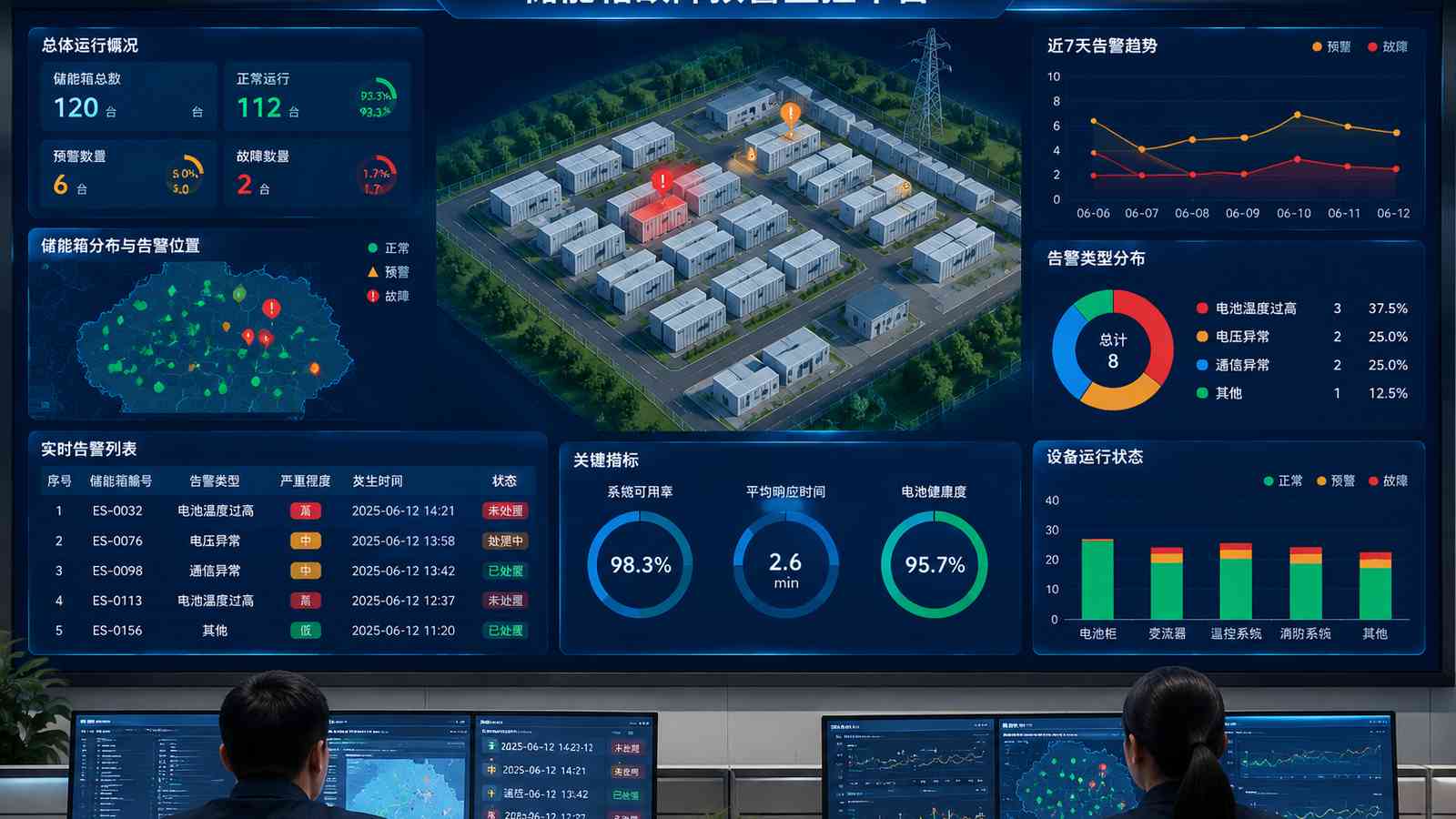 储能箱故障预警行业可视化大屏示意图，含三维模型与大屏标题、指标文字，为概念示意，不代表真实软件界面或真实数据