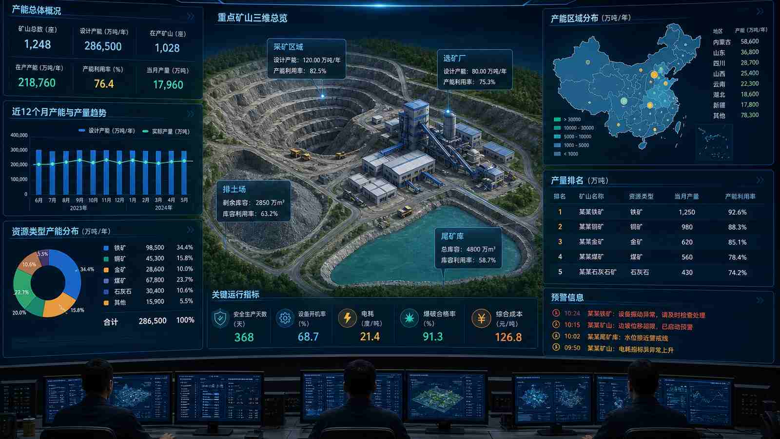 矿山产能行业可视化大屏示意图，含三维模型与大屏标题、指标文字，为概念示意，不代表真实软件界面或真实数据