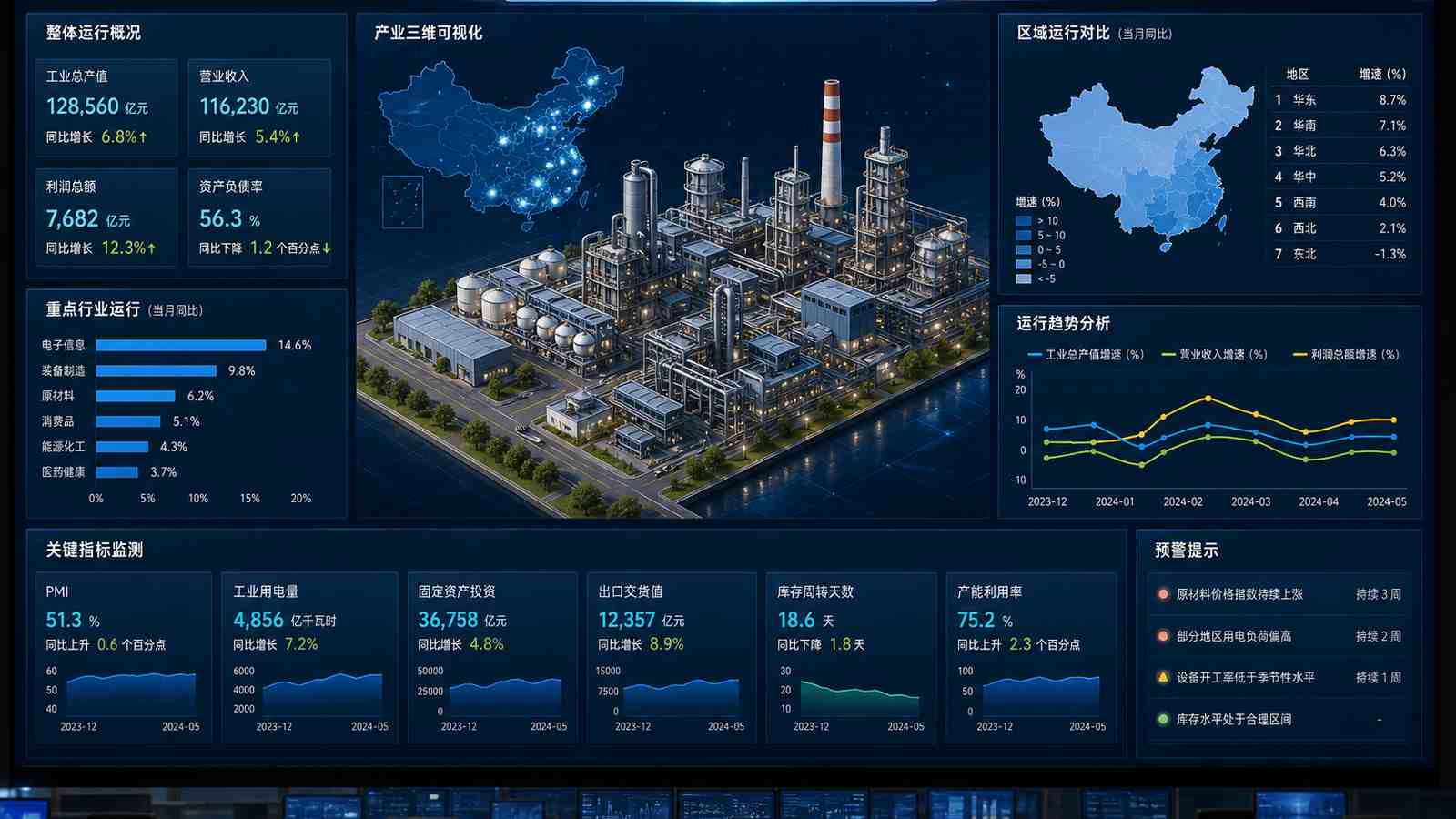 产业运行行业可视化大屏示意图，含三维模型与大屏标题、指标文字，为概念示意，不代表真实软件界面或真实数据