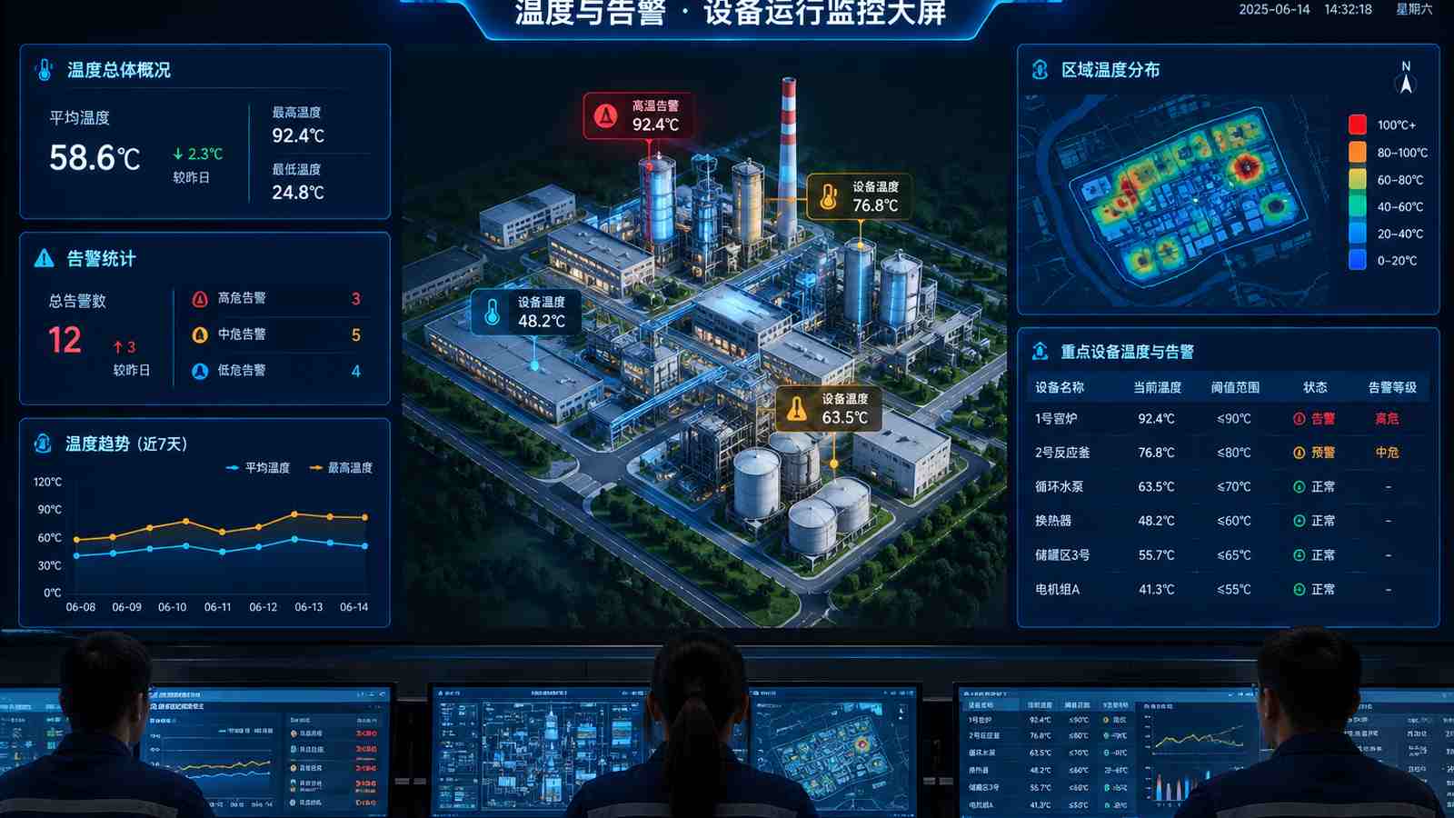 温度与告警行业可视化大屏示意图，含三维模型与大屏标题、指标文字，为概念示意，不代表真实软件界面或真实数据
